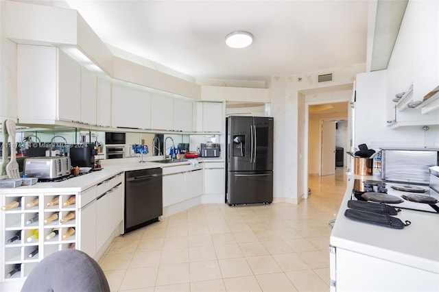 kitchen with dishwasher, fridge with ice dispenser, sink, and white cabinetry