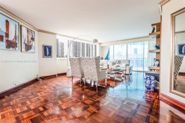 living room with parquet floors and crown molding