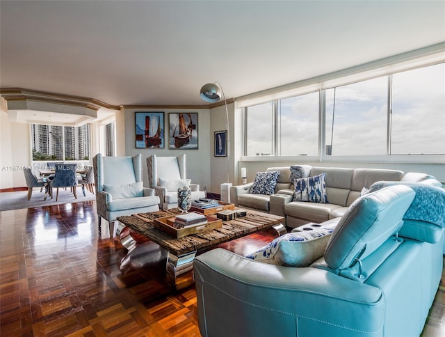 living room with dark parquet floors