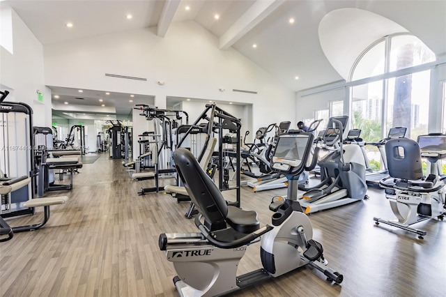 workout area featuring light hardwood / wood-style floors and high vaulted ceiling