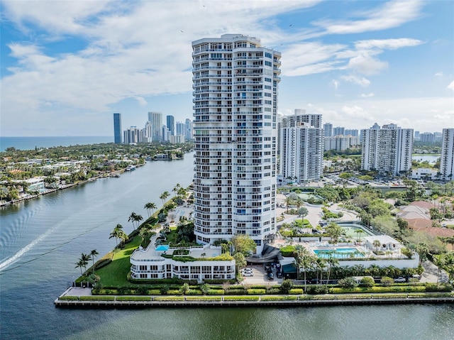 birds eye view of property featuring a water view