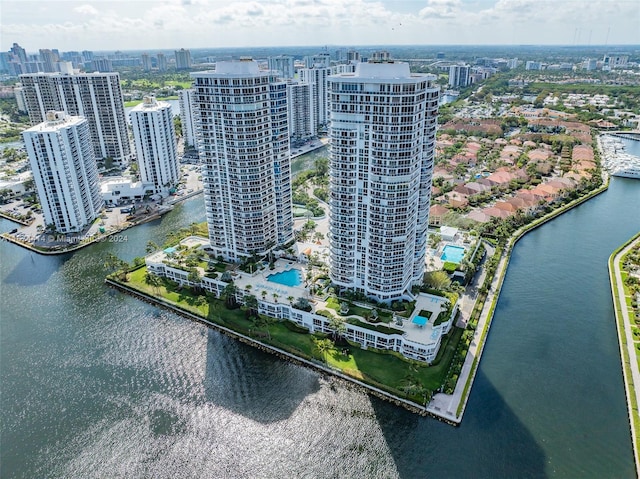 aerial view with a city view and a water view