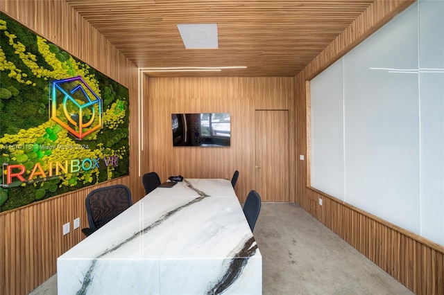 interior space with wood ceiling and wood walls