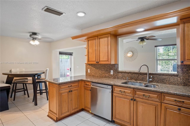 kitchen with sink, kitchen peninsula, a healthy amount of sunlight, and stainless steel dishwasher