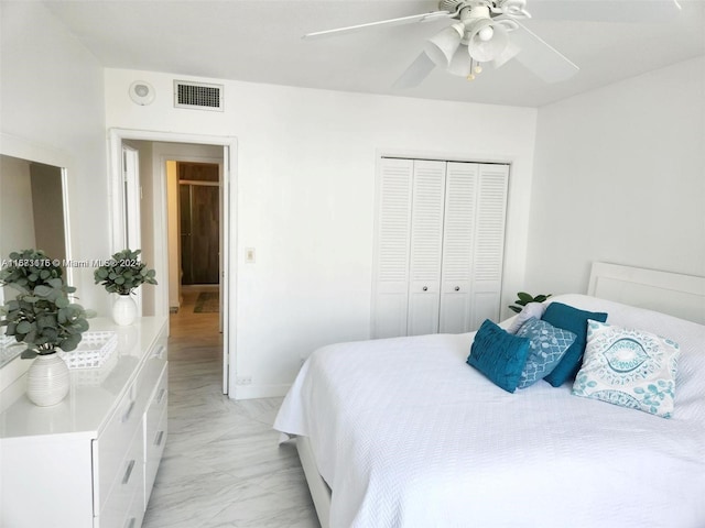 bedroom featuring ceiling fan and a closet