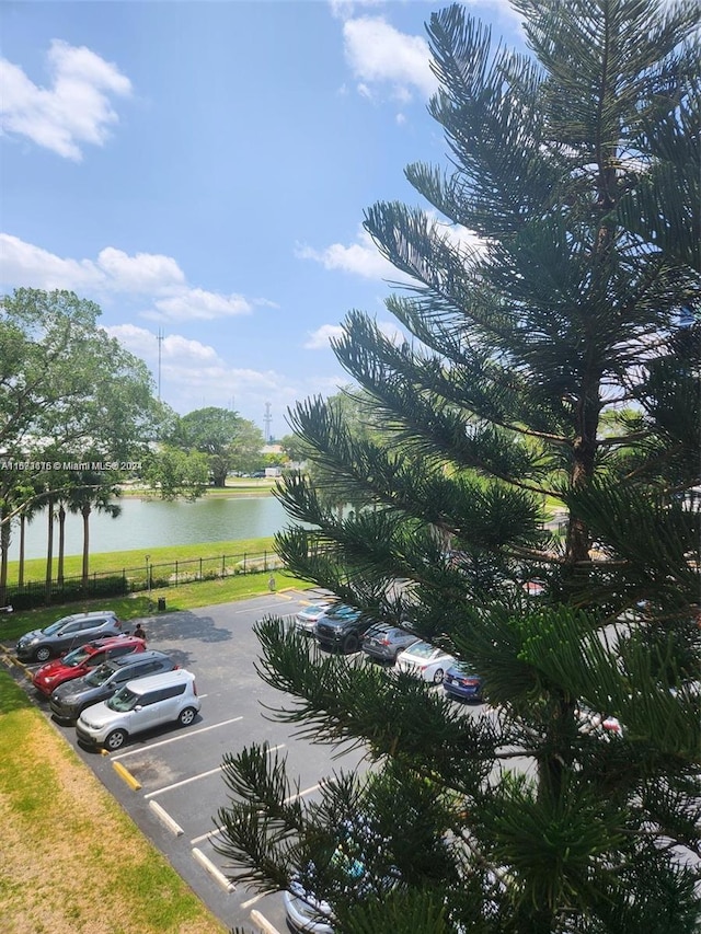 view of vehicle parking with a water view