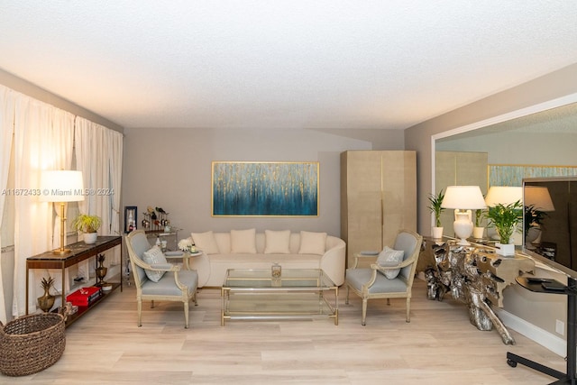 living room with light hardwood / wood-style flooring and a textured ceiling