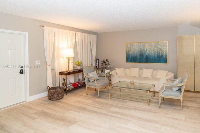 living room with hardwood / wood-style floors and a textured ceiling