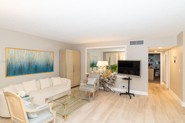 living room featuring a textured ceiling and light hardwood / wood-style flooring