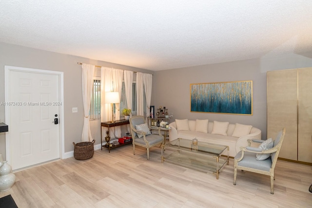 living room featuring a textured ceiling and light wood-type flooring