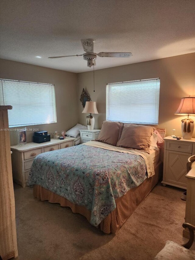 bedroom with multiple windows, light colored carpet, and a textured ceiling