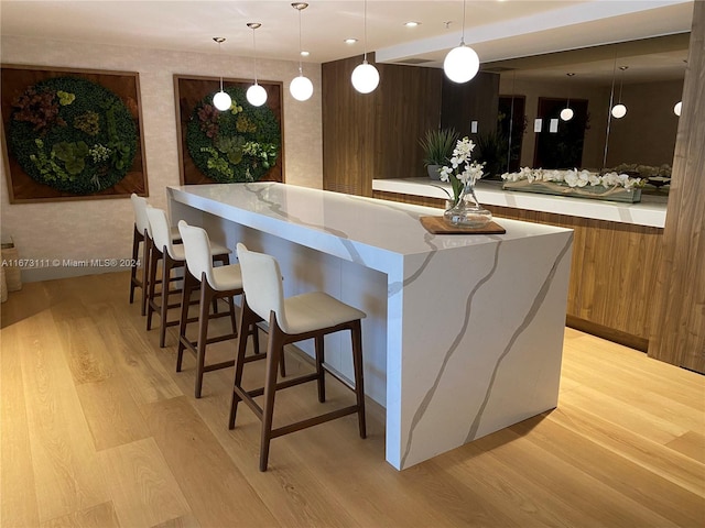 bar featuring light hardwood / wood-style floors and decorative light fixtures