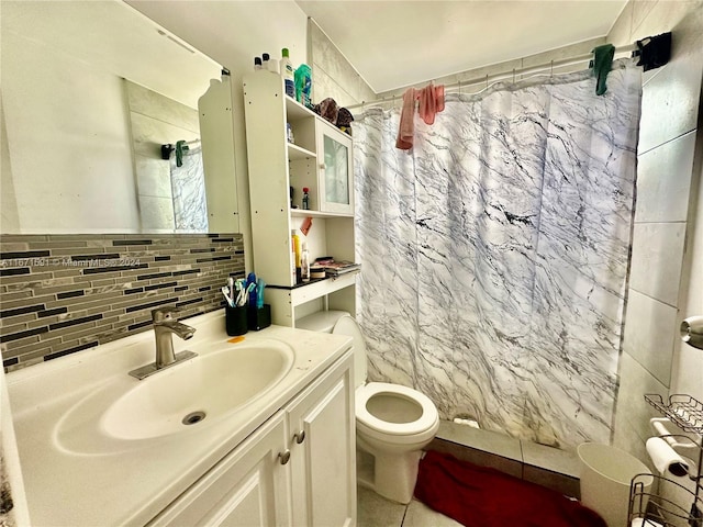 bathroom with walk in shower, toilet, tile walls, decorative backsplash, and vanity