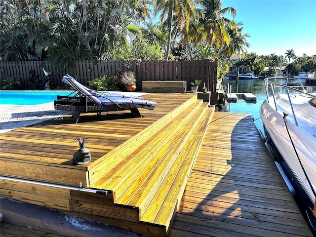 dock area featuring a fenced in pool and a water view