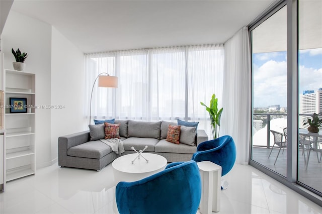 tiled living room with expansive windows