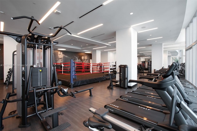 workout area with dark wood-type flooring