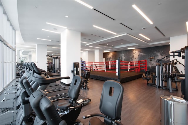 workout area with dark hardwood / wood-style flooring