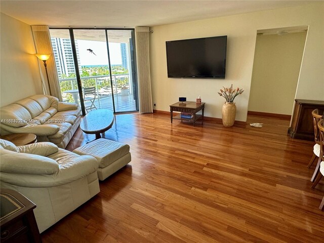 living room with hardwood / wood-style floors and a wall of windows