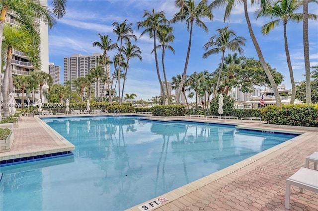 pool featuring a view of city and a patio