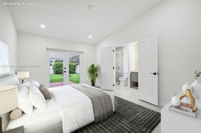 bedroom with french doors, access to exterior, lofted ceiling, and ensuite bathroom