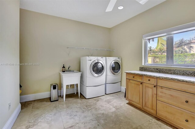 kitchen featuring light brown cabinetry and ceiling fan