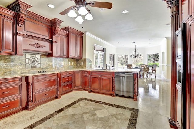 kitchen featuring reddish brown cabinets, tasteful backsplash, a sink, and dishwasher