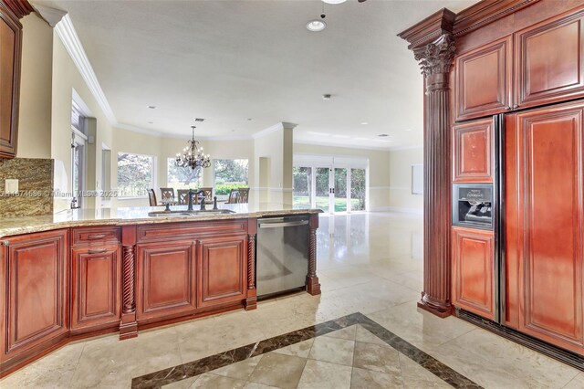 kitchen featuring dishwasher, crown molding, and decorative columns