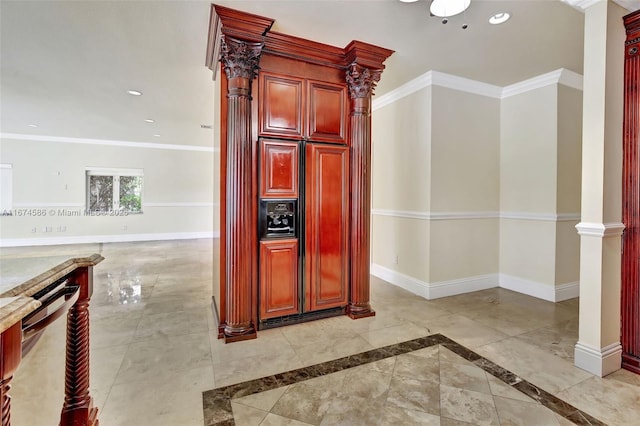 kitchen featuring baseboards, ornamental molding, dark brown cabinets, dishwasher, and ornate columns