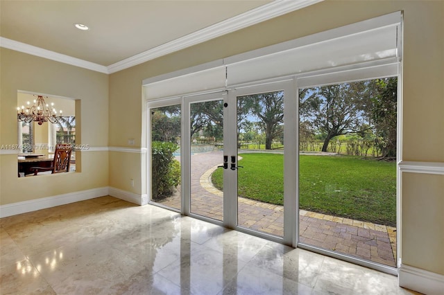 doorway featuring a chandelier, baseboards, marble finish floor, french doors, and crown molding