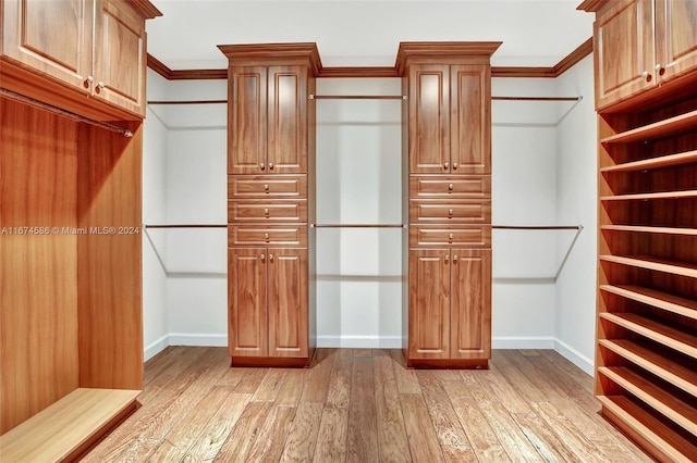 spacious closet with light hardwood / wood-style flooring