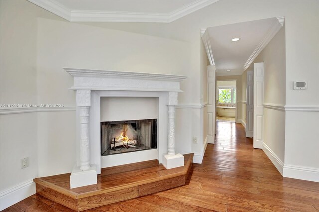 room details with ornamental molding and hardwood / wood-style floors