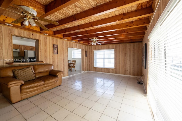 living room featuring light tile patterned floors, ceiling fan, wooden ceiling, beamed ceiling, and wood walls