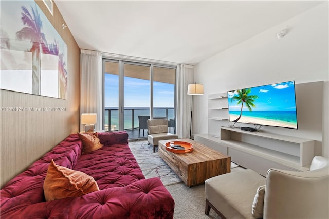 living room with carpet and floor to ceiling windows
