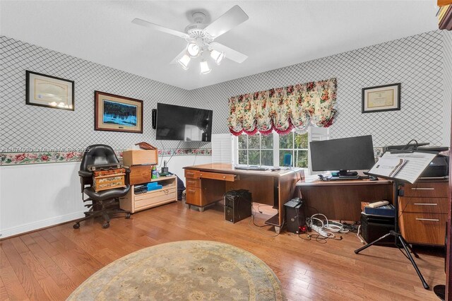 home office featuring ceiling fan and light wood-type flooring