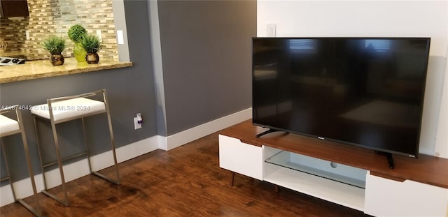 room details with wood-type flooring and tasteful backsplash