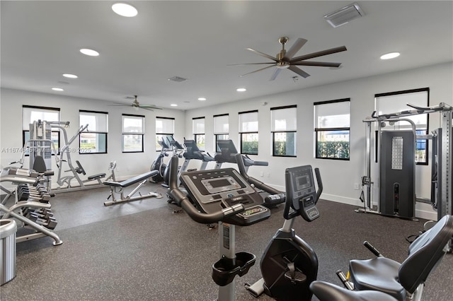 exercise room featuring ceiling fan