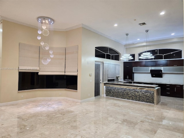 321 Windmill Palm Ave, Plantation, FL 33324 - unfurnished living room featuring crown molding, recessed lighting, marble tiled flooring, and a chandelier