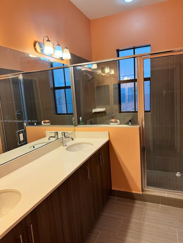 bathroom featuring vanity and a shower with door