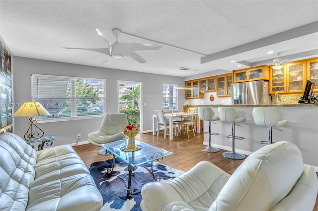 living room with sink, ceiling fan, hardwood / wood-style floors, and a textured ceiling