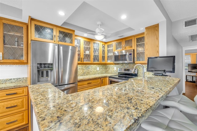 kitchen with light stone counters, tasteful backsplash, a tray ceiling, appliances with stainless steel finishes, and a kitchen bar