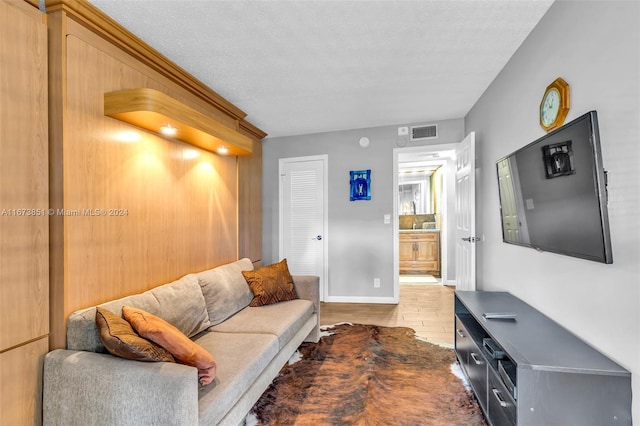 living room featuring hardwood / wood-style floors and a textured ceiling