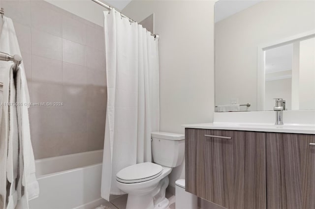 full bathroom with shower / bath combination with curtain, toilet, and vanity