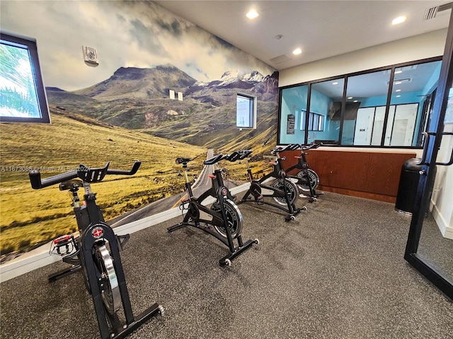 exercise area featuring a mountain view