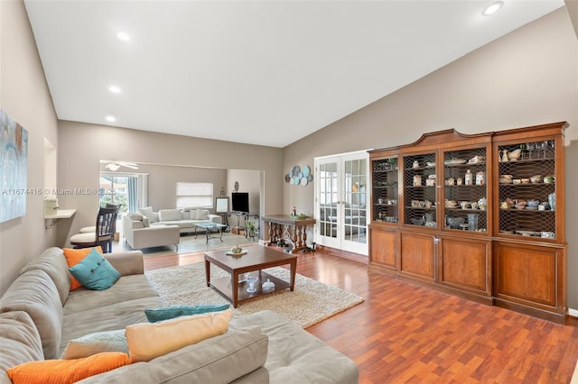 living room featuring wood-type flooring and vaulted ceiling