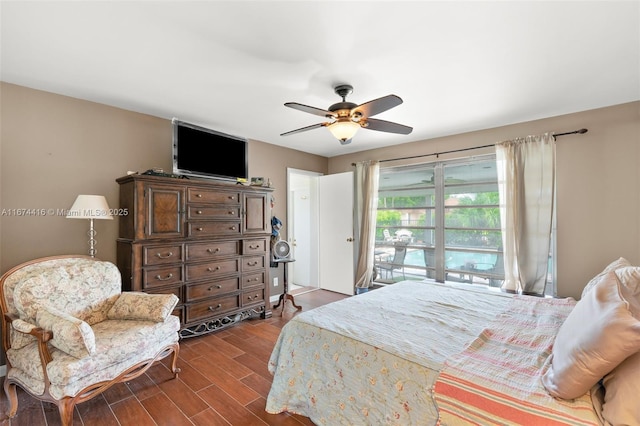 bedroom featuring ceiling fan and access to exterior