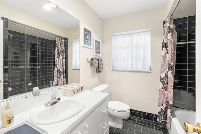 full bathroom with tile patterned flooring, vanity, shower / bath combination with curtain, and toilet