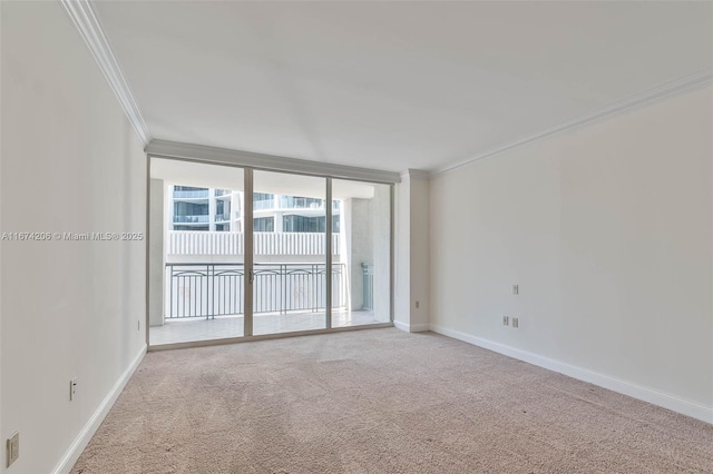 carpeted spare room featuring floor to ceiling windows, ornamental molding, and baseboards