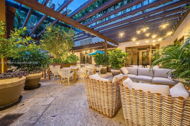 view of patio with outdoor dining space, an outdoor living space, and a pergola