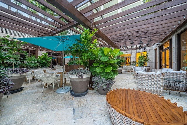 view of patio / terrace with outdoor dining area, outdoor lounge area, and a pergola