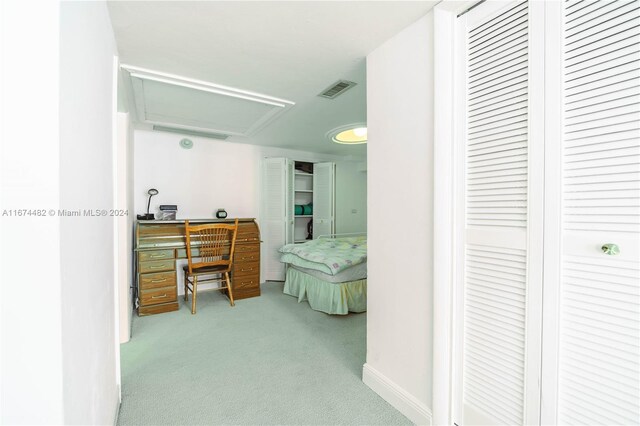 1408 Brickell Bay Dr Unit 1415 & 1416, Miami, FL 33131 - carpeted bedroom with attic access, a desk, a closet, and baseboards